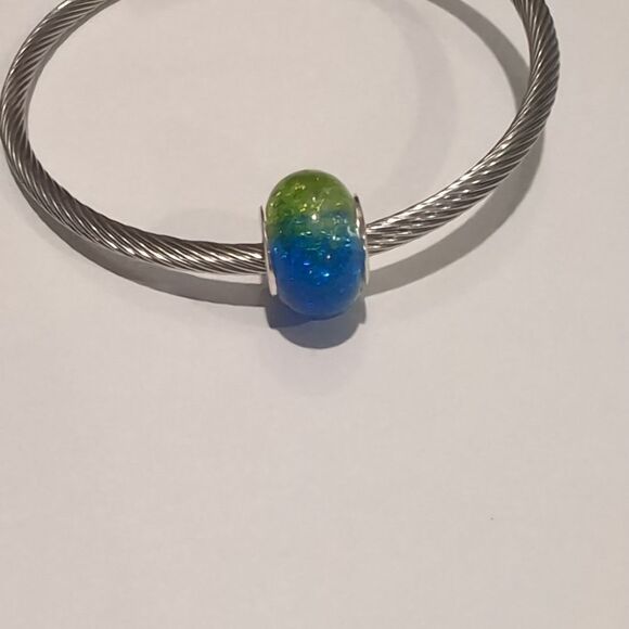 Silver Blue and Green "Crushed Glass" Charm‎ for Pandora Style Bracelet - Picture 1 of 6
